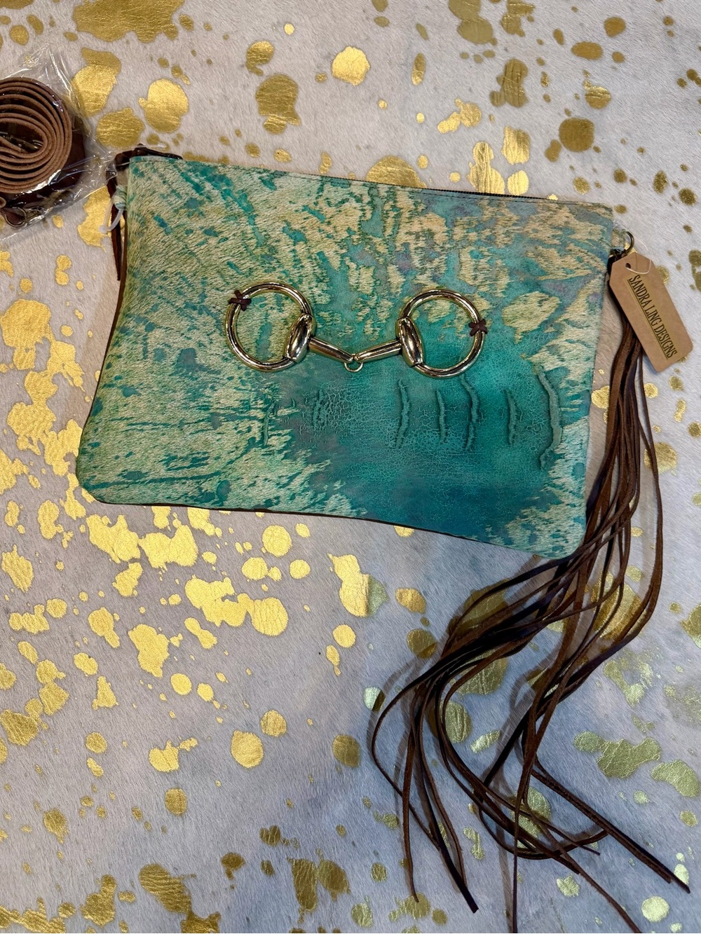 Turquoise Hair on Hide Crossbody w/Snaffle Bit NWT